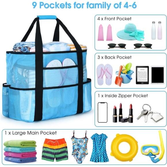 Beach Bags for Women, Mesh Beach Bag for Women Swim Pool Bag Beach Tote Bag - Picture 2 of 7